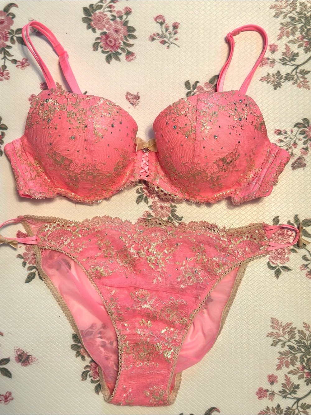 Victoria's Secret Pink Bedazzled Bra and Panty Set with Silver Lace